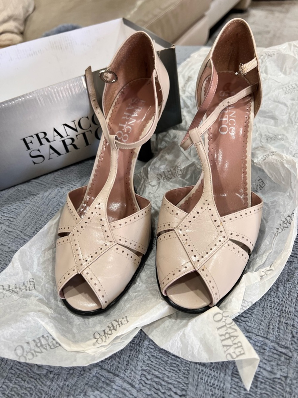 Franco Sarto Blush Cream T-Strap Peep-Toe Heels